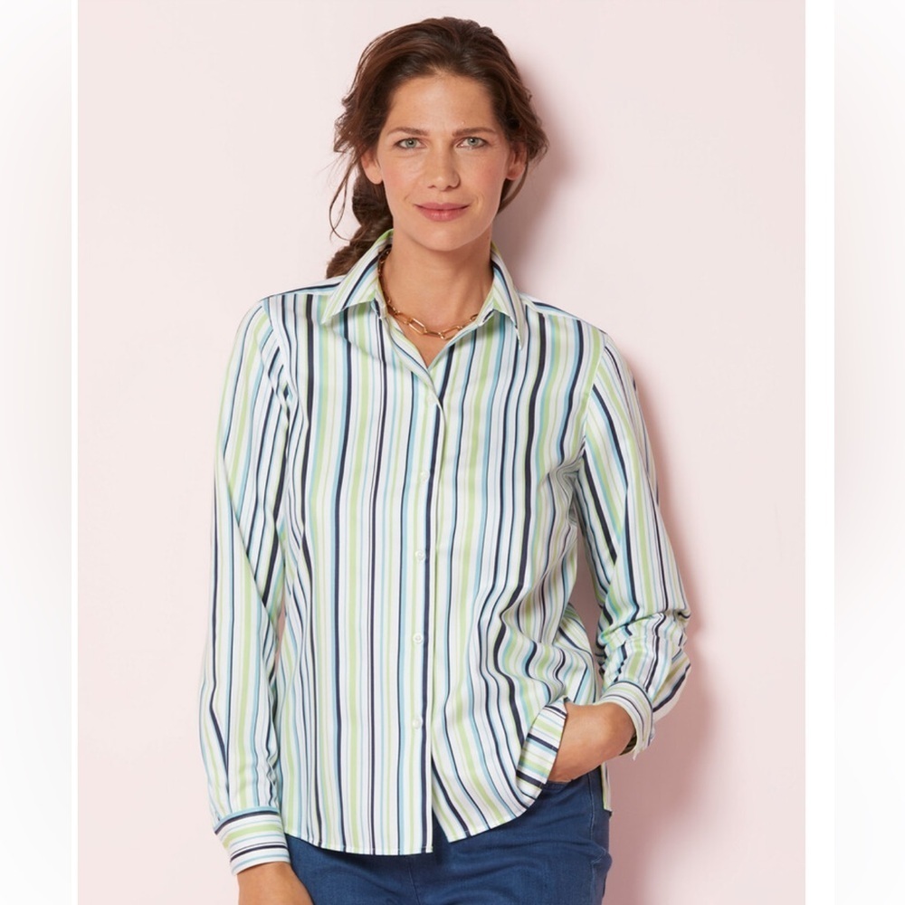 Appleseed’s Button Down Striped Shirt Size 14P Blue Cotton Blend Shoulder Pads
